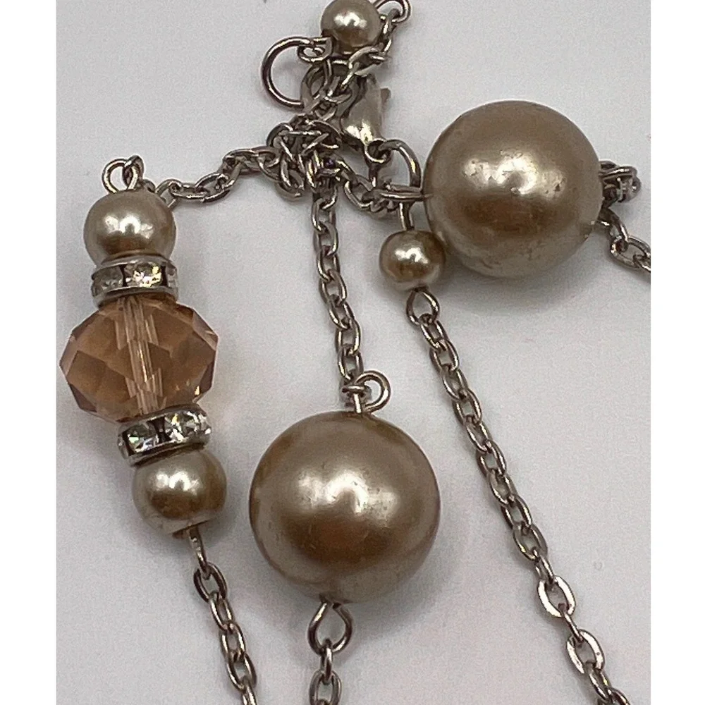 Glamorous‎ Long Champagne Crystal & Faux Pearl Station Necklace Silver Tone 40